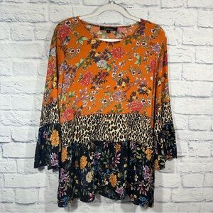 Caleoaa 3/4 Bell Sleeve Floral Animal Mixed Media Print Blouse Sz Large